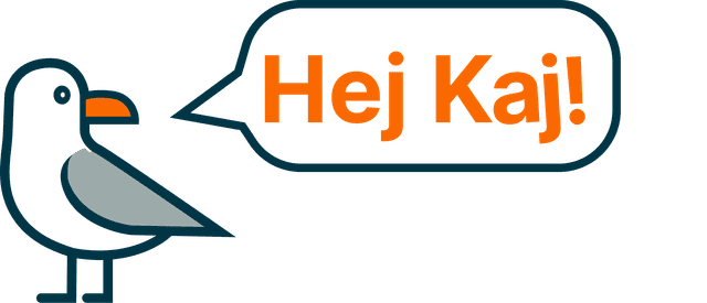 Hej Kaj logo with seagull mascot